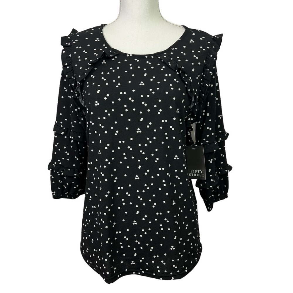 NWT FIFTY STREET Women’s Pullover Top Size Large Black & Gray Polka Dots Ruffles
